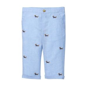 Janie and Jack blue linen sausage dog dachshund pants, 0-3 months, sold out